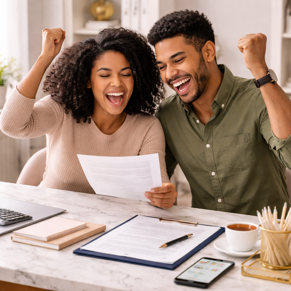 Happy tax clients reviewing documents